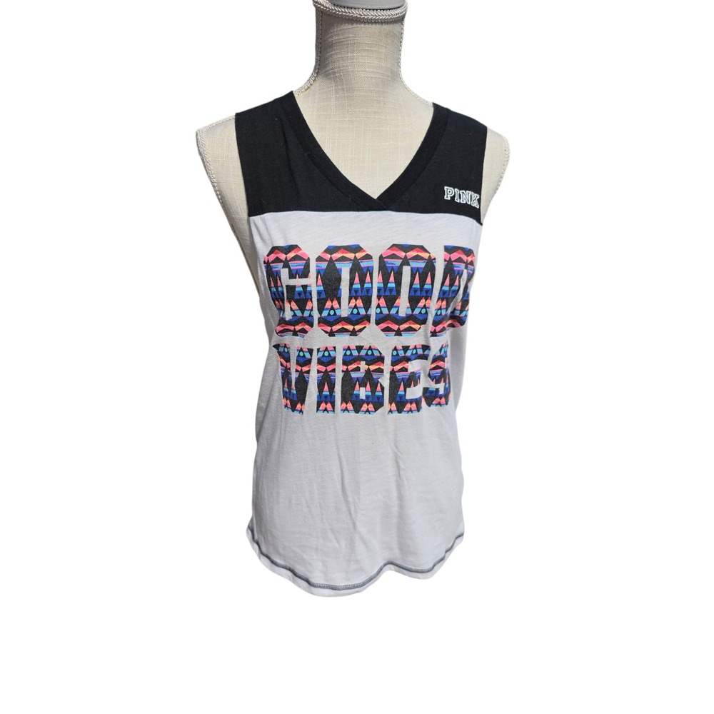 PINK Good Vibes Tank Top Sleeveless V-Neck Casual Top Black White Size XS